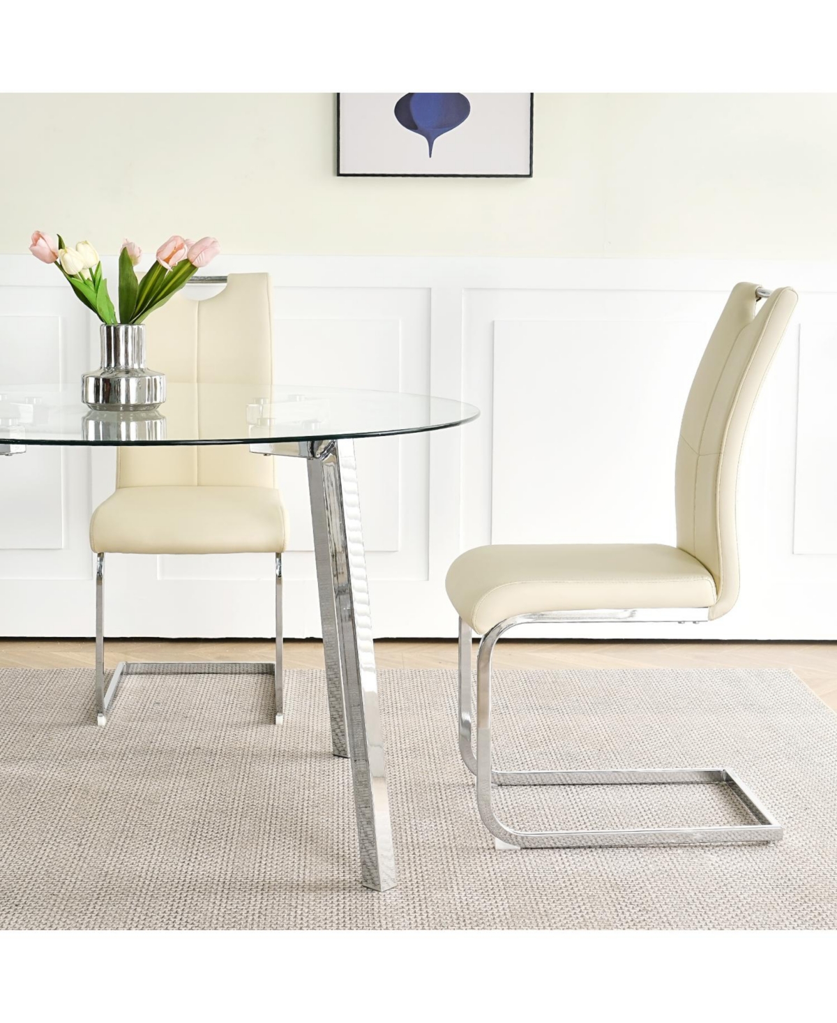 Streamdale Modern Glass Dining Set 6 Chairs, Round Table