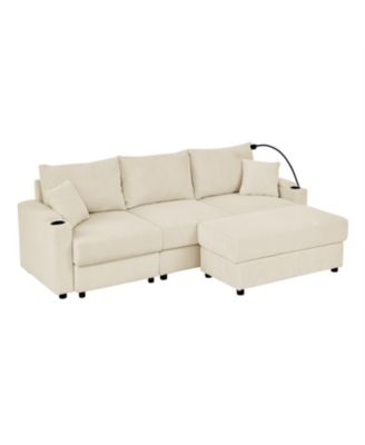 Streamdale L-Shaped Corduroy Sofa with Ottoman, Storage & Cup Holders