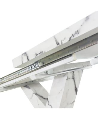 Modern Square Dining Table, Stretchable, with Printed White Marble Table Top+MDF X-Shape Table Leg with Metal Base