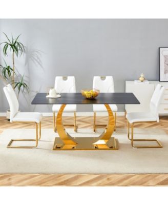 Streamdale Sintered Stone Dining Set 63" Table & 4 White/Gold Chairs