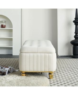  Beige Velvet Storage Ottoman with Gold Decor