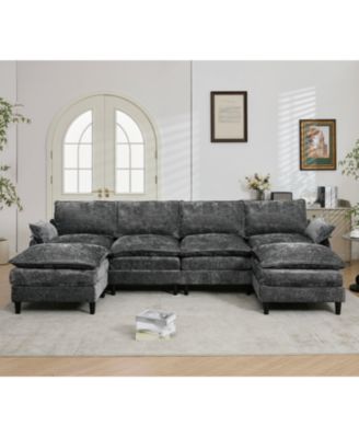 Modular U-Shaped Chenille Sofa Couch, 6-Seater with Ottoman, Dark Gray