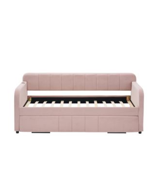 Twin Daybed Frame with Trundle, Sofa Bed, Wood Slat Support, Pink
