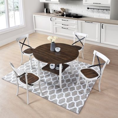 Elegant Round Dining Set with Antique White Base and Rich Walnut Top