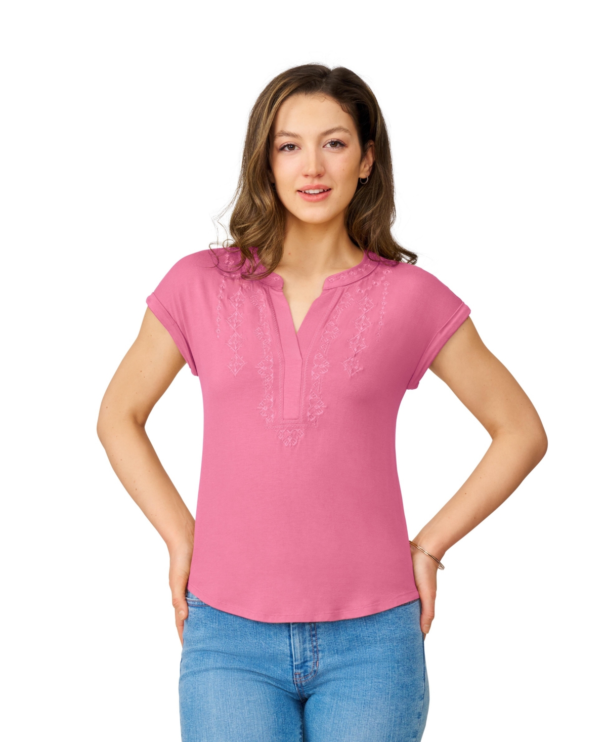 Women's Embroidered Henley Top - Mesa rose