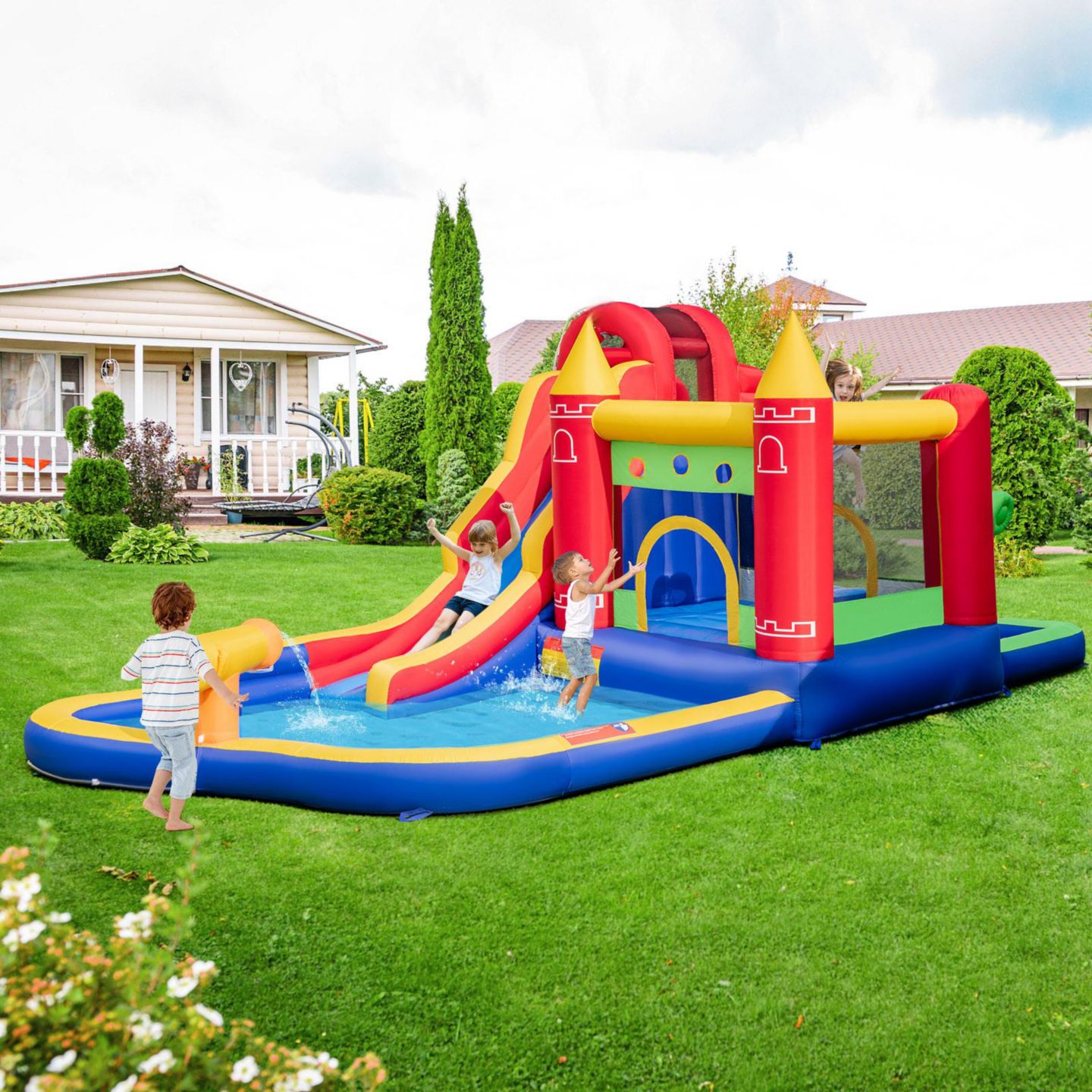 Детская игрушка GOUUN 9-in-1 Inflatable Bounce Castle with Water Slide and Splash Pool, Ages 3+, цвет: Синий — фото 1