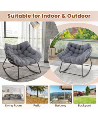 Outdoor Rocking Chair Oversized Patio PE Wicker Egg Chair with Cushion-Gray