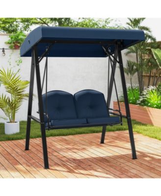 2-Person Outdoor Porch Swing with A-Shaped Metal Stand and Adjustable Canopy
