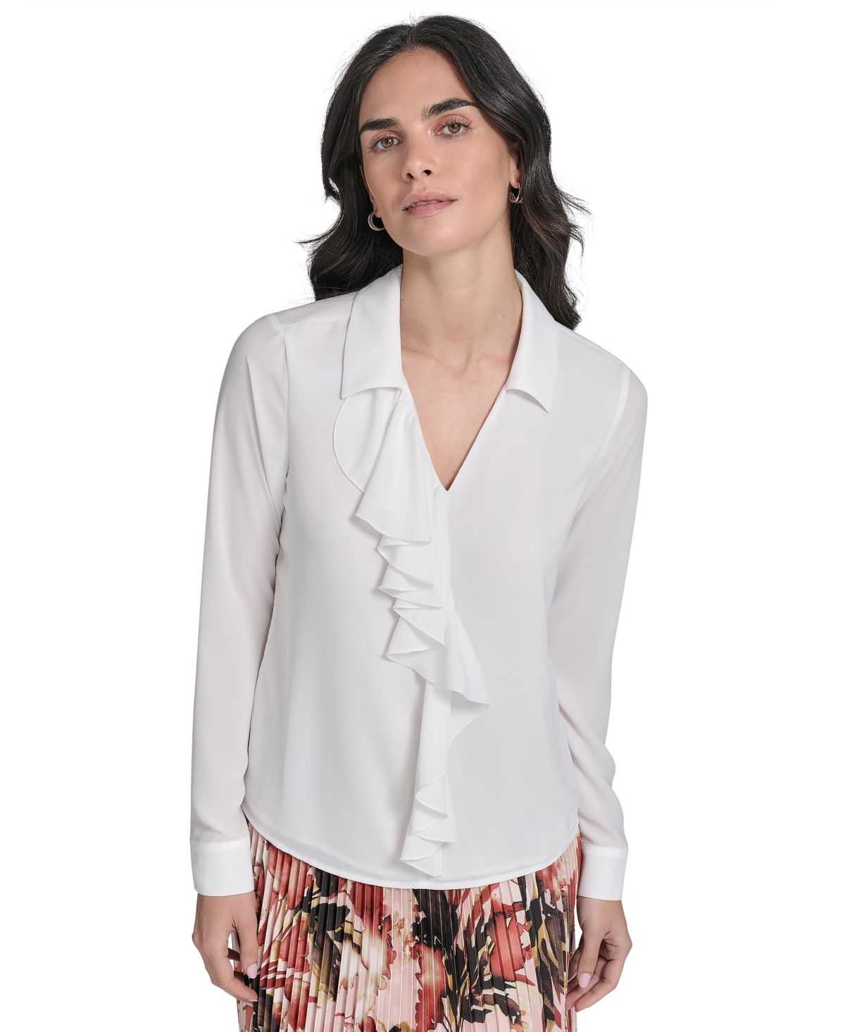Calvin Klein Petite Ruffle-trim Collared Blouse In White