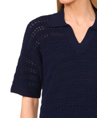Women's Open-Knit Short-Sleeve Polo Sweater