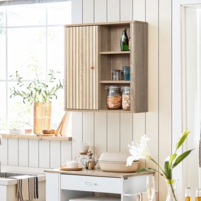 1Pc Manufactured Wood Fluted Panel, Wave Pattern & Open Shelves 1-Door Bathroom Wall Cabinet