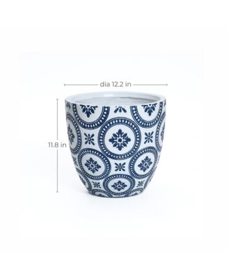 Blue and White Flower Pattern Round Tapered 11.8-Inch Tall Mgo Planter, Indoor and Outdoor