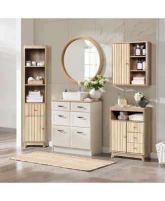 Natural Finish Wave-Patterned Manufactured Wood 1-Drawer 1-Door Bathroom Tower Cabinet