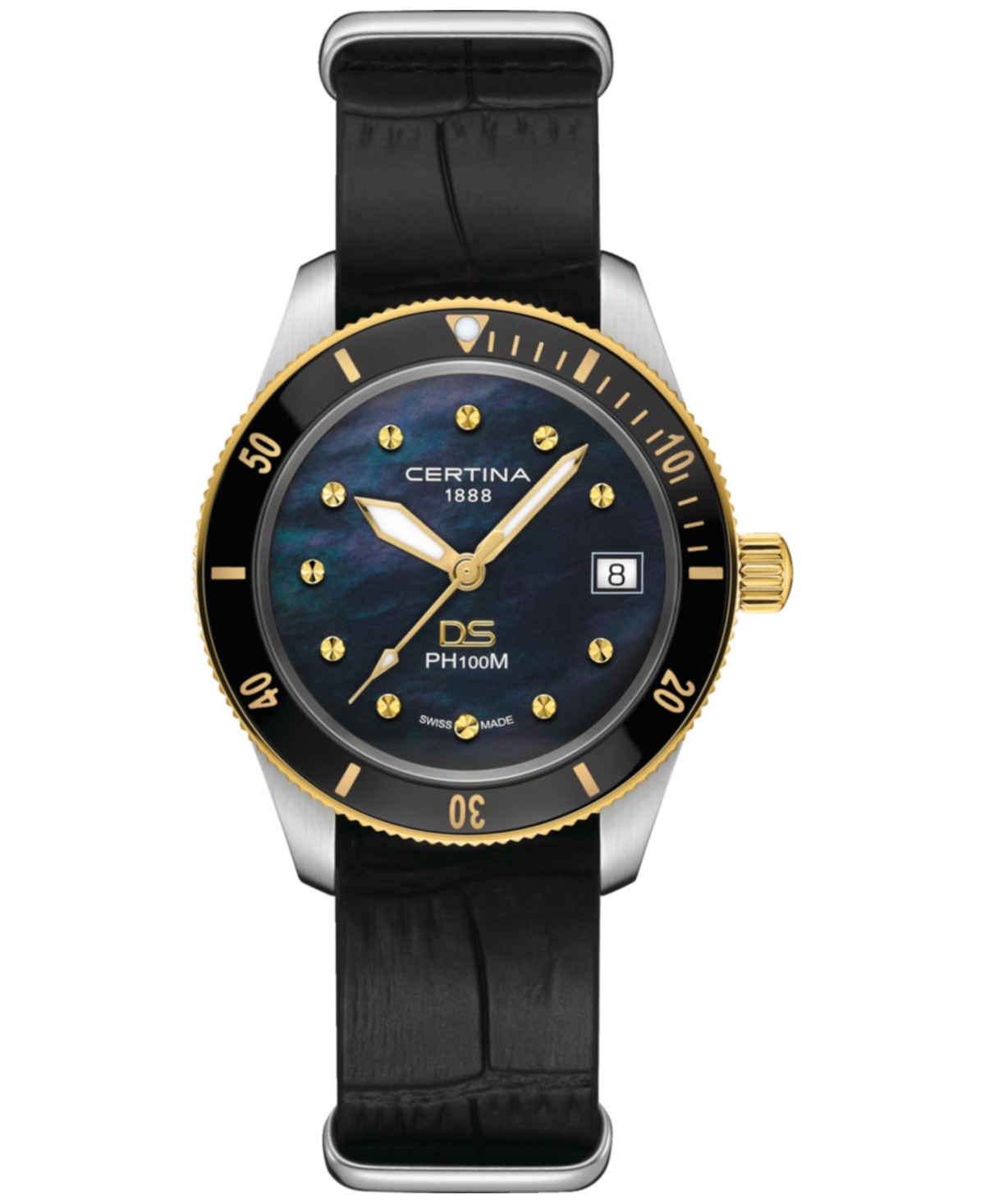 Women's Swiss Ds Heritage Black Leather Strap Watch 38mm - Black Mother Of Pearl