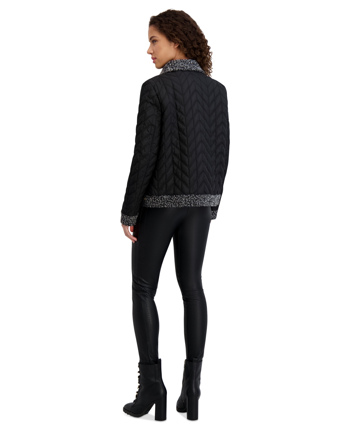 Karl Lagerfeld Women's Quilted Tweed-trim Coat In Black