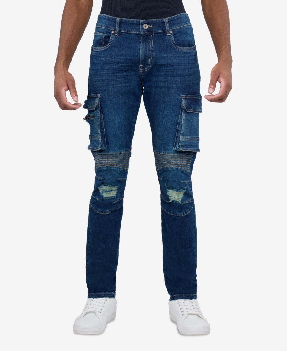Men's Slim Fit Moto Rip Repair Cargo Jeans - Dark blue