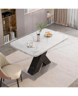Modern Square Dining Table with Stretchable Design, Printed Marble Top and MDF X-Shape Legs with Metal Base