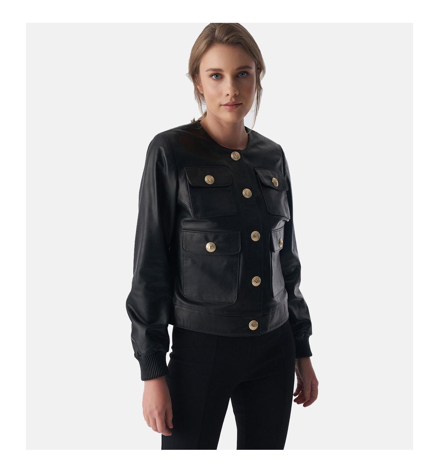 Женская куртка Furniq UK Collarless Stunning Studs Closure Leather Jacket, Black — фото 1