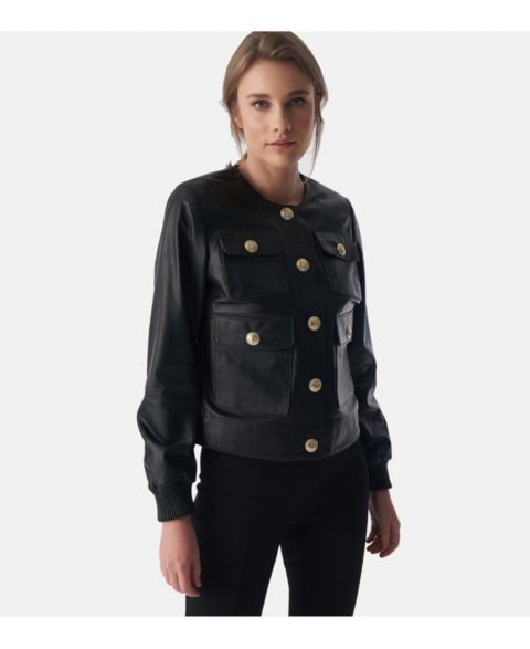 Женские куртки Furniq UK Women's Collarless Stunning Studs Closure Leather Jacket, Black