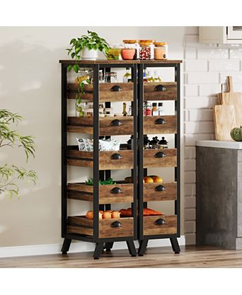 Wood Fruit and Vegetable Storage Rack Set of 2, 5-Tier Narrow Snack Stand Kitchen Stand Fruit Basket