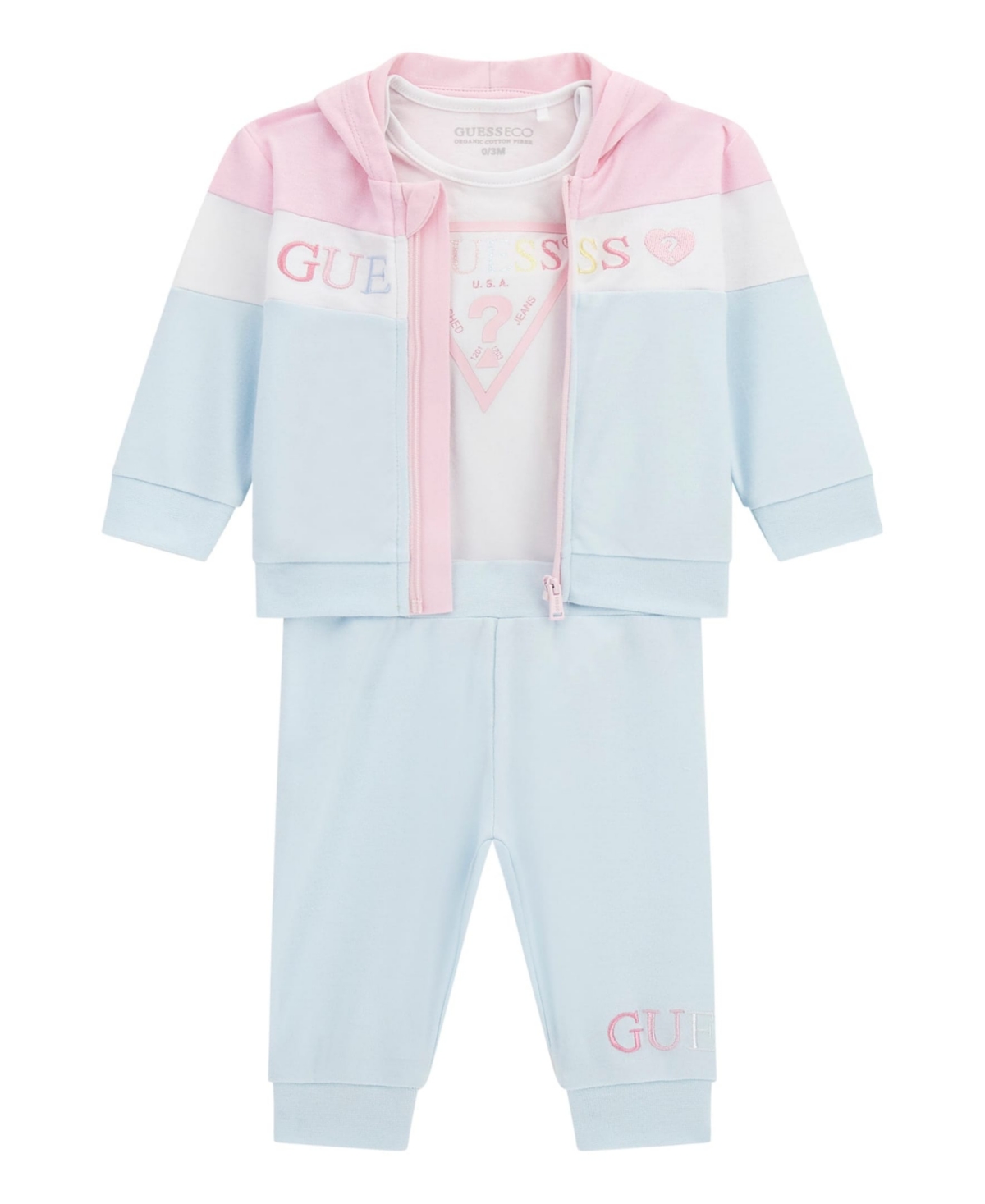 Macy's Guess Baby Girls 3-piece Long Sleeve Zip-up Colorblocked Sweatshirt, Short Sleeve Bodysuit, And Pant In Blue