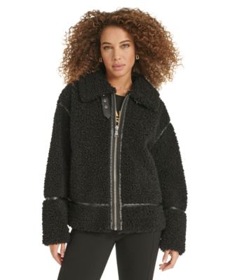Women's Faux-Leather-Trim Teddy Moto Coat