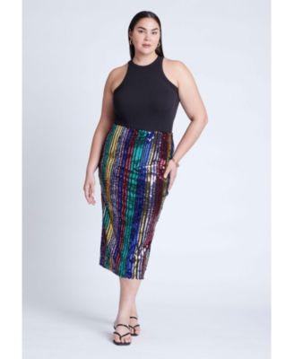 Women's Plus Size Rainbow Striped Sequin Midi Skirt