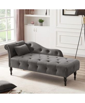 60 Inch Velvet Tufted Chaise Lounge with Nailhead Trim Solid Wood Legs and Pillow for Living Room Bedroom Reading or Relaxing