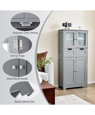 4 Door Freestanding Bathroom Floor Storage Cabinet with 2 Drawers and Glass Doors