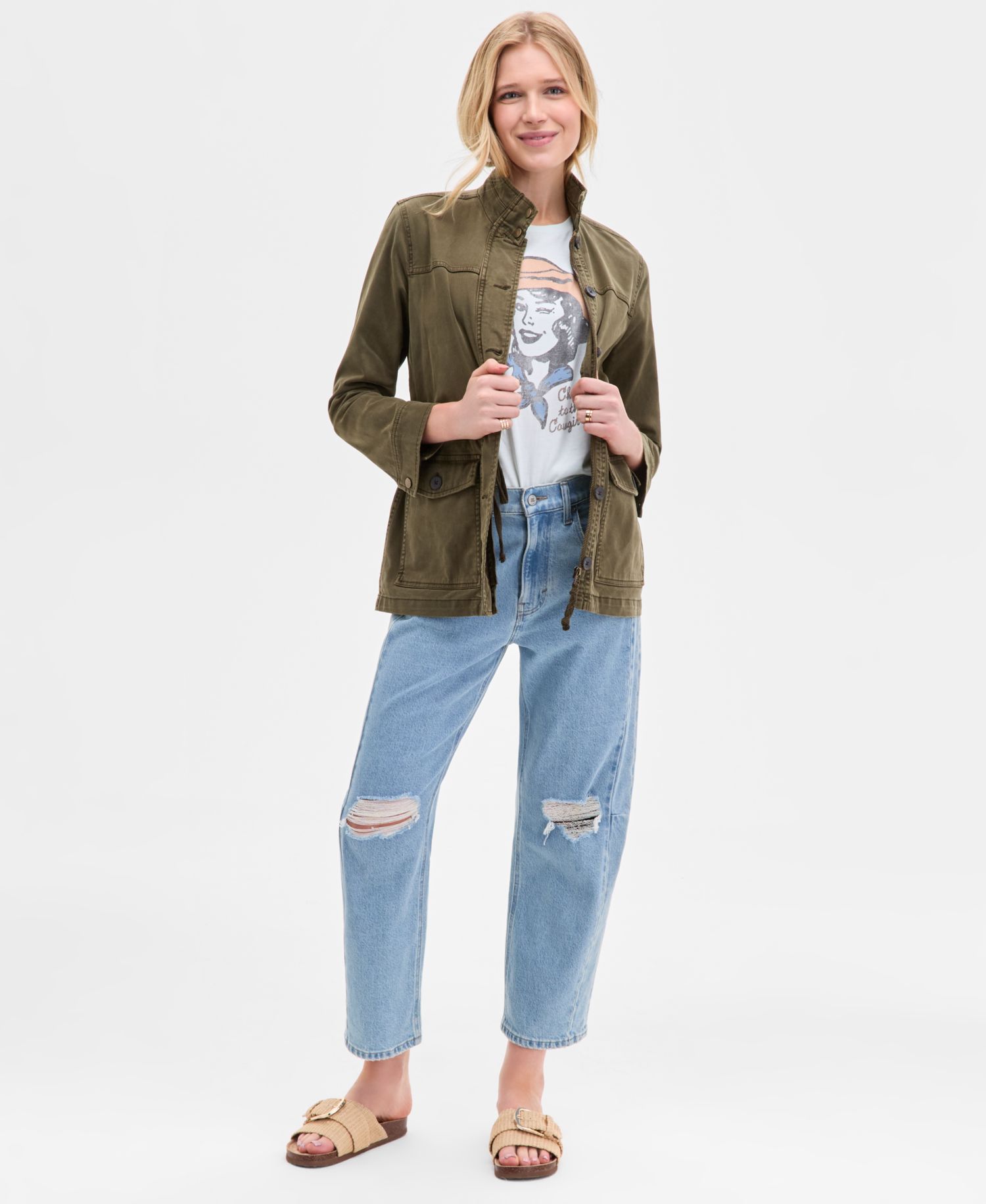 Women's Zipper and Button Cargo Jacket