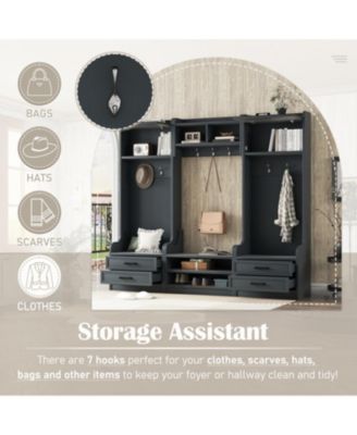 4-in-1 Hall Tree Storage, Hooks, Drawers & Bench