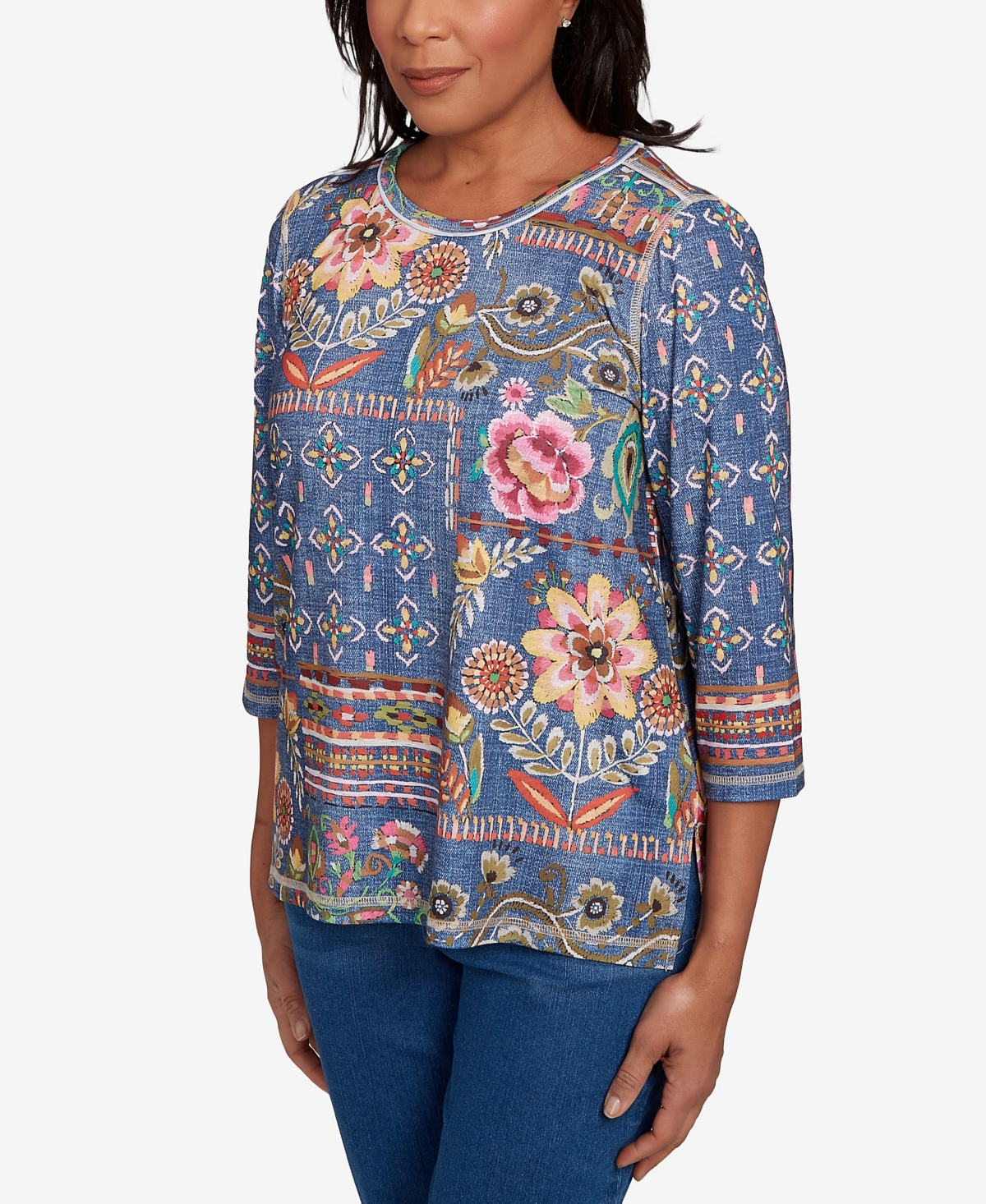 Alfred Dunner Petite El Paso Mixed Pattern Floral Patch Top In Blue