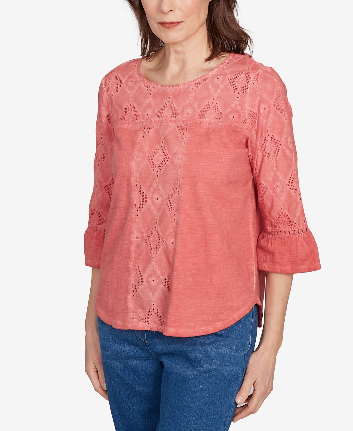 Alfred Dunner Petite El Paso Diamond Textured Spliced Bell Sleeve Top In Pink