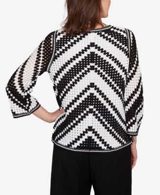 Petite Santa Barbara Chevron Crochet Bell Sleeve Crew Neck Top