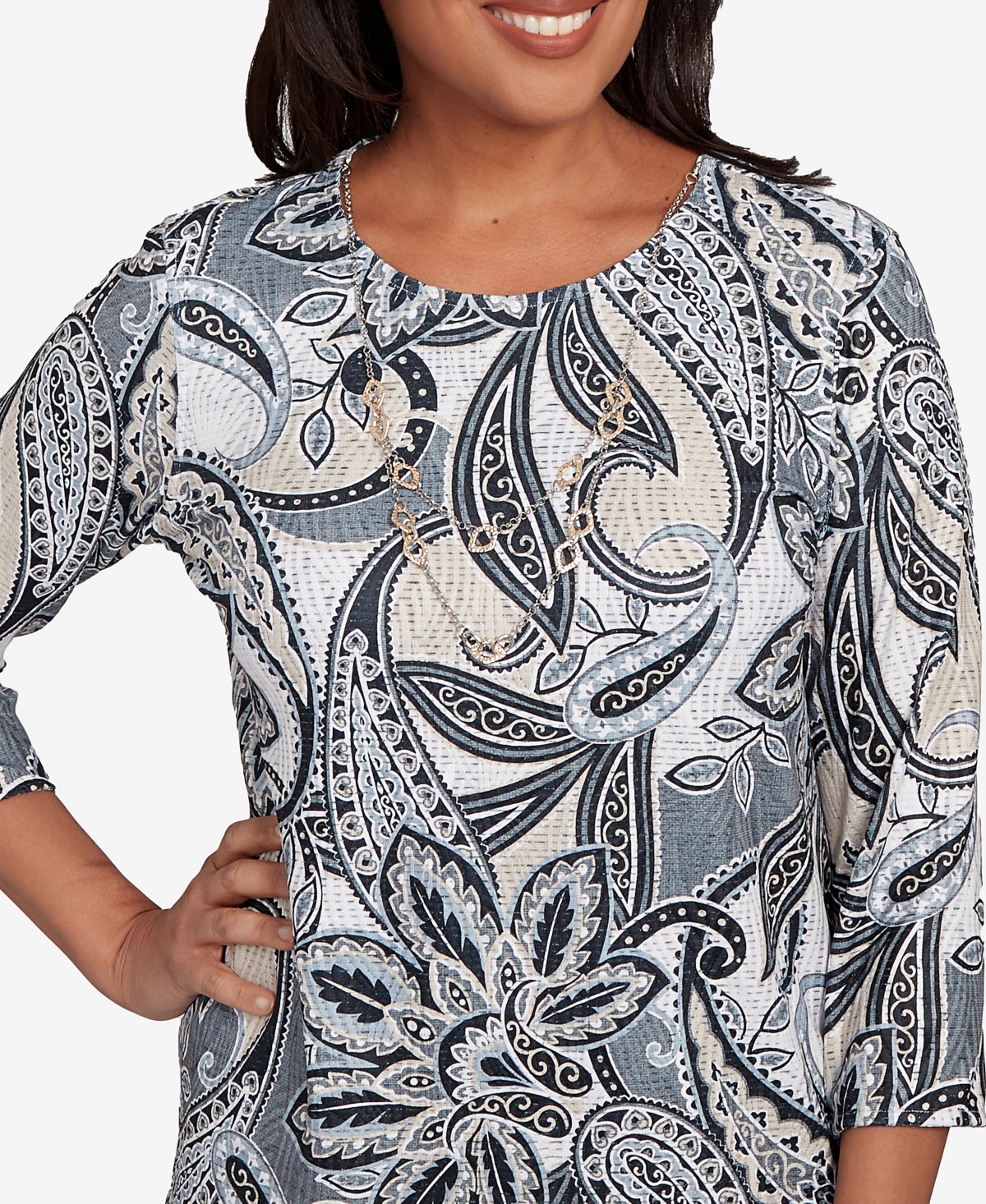 Alfred Dunner Petite Santa Barbara Reversible Paisley Crew Neck Top With Necklace In Multi