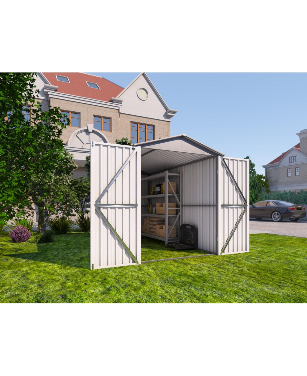 Motorcycle Storage Shed, Window, No Tracks/Fixtures, Grey/White - Grey+white
