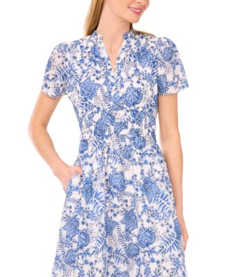 short maxi dress with sleeves White Hollow Round Neck Cotton 92% POLYESTER CeCe Women's Floral V-Neck Short-Sleeve