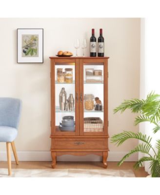 Glass Lighted Curio Cabinet with Adjustable Shelves (OAK)