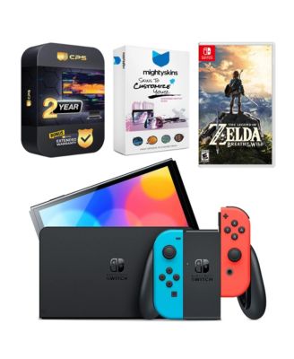 Switch Neon Red & Blue OLED Console with The Legend of Zelda Breath of the Wild, MightySkins Console and Controller Skin Voucher, and 2 Year