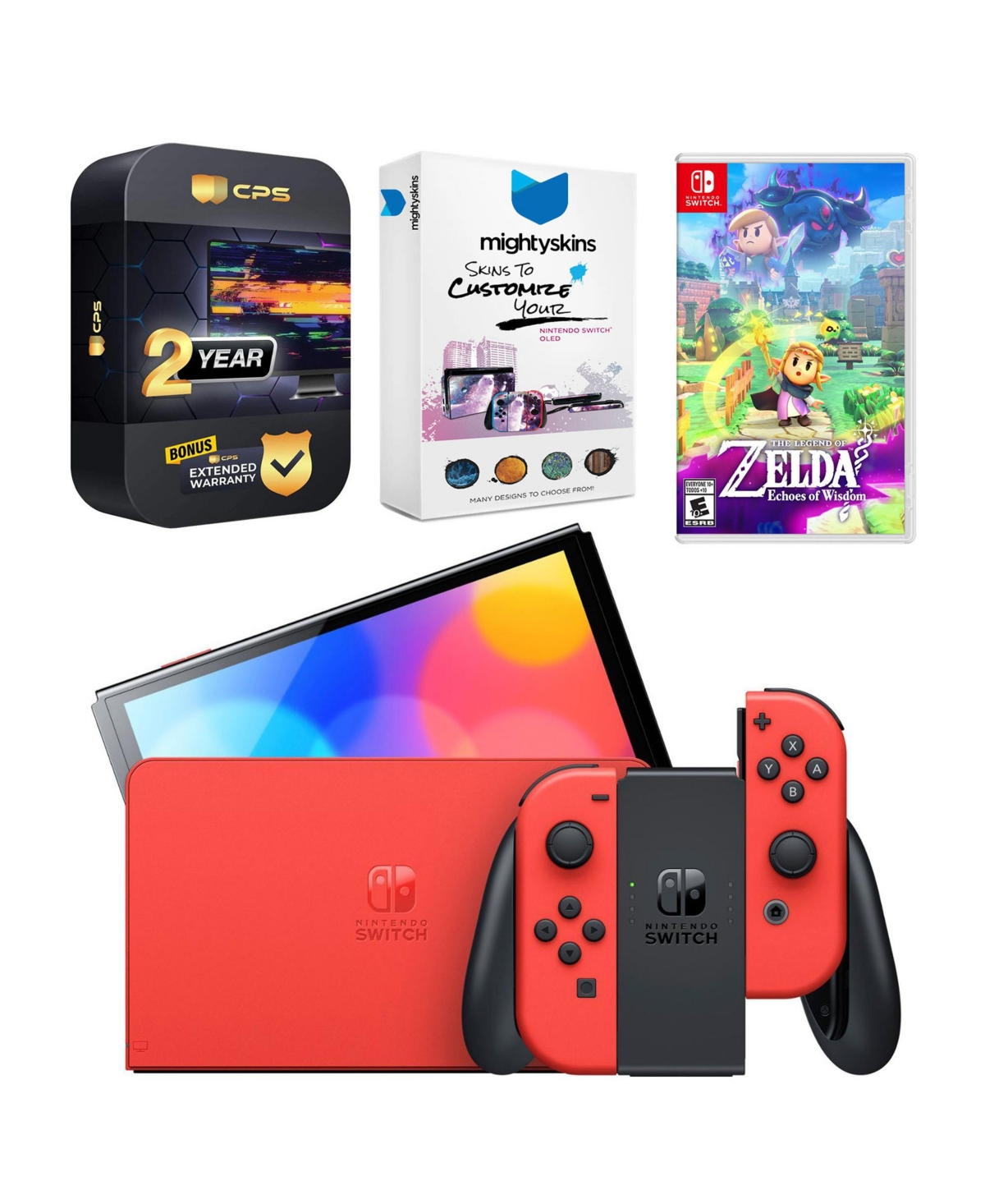 Nintendo Switch Oled Mario Red Edition with The Legend of Zelda: Echoes Of Wisdom, MightySkins Console and Controller Skin Voucher and 2 Year Cps Exte
