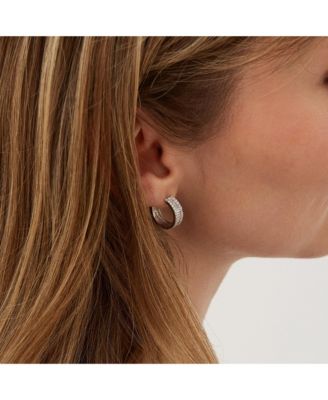 Baguette Cubic Zirconia Sterling Silver Pave Hoop Earrings