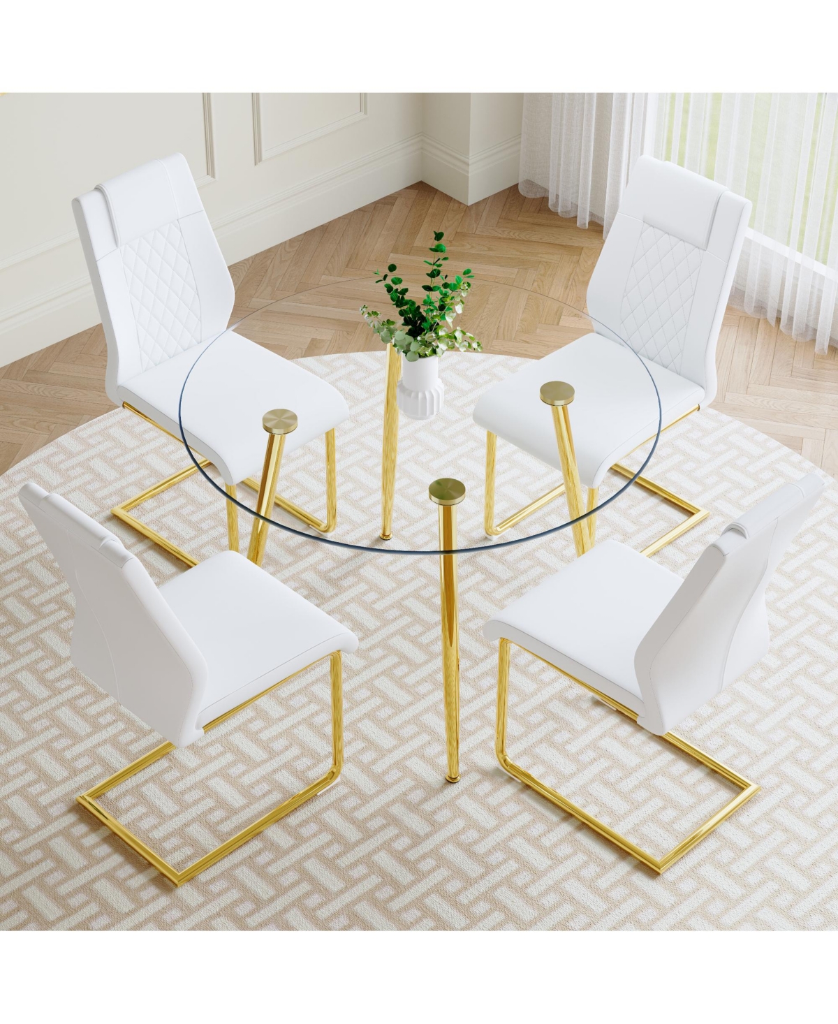 Streamdale Glass Table & 4 Leather Chairs - Modern Gold Accent