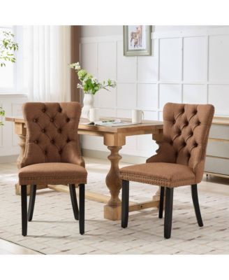 Nikki Tufted Upholstered Linen Dining Chair with Nailhead Trim, 2-Piece Set in Coffee