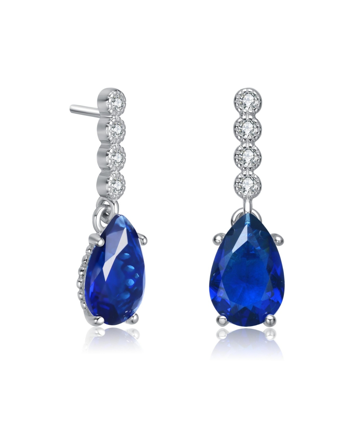 Sterling Silver with White Gold Plating with Colored Pear Cubic Zirconia Drop Earrings - Blue
