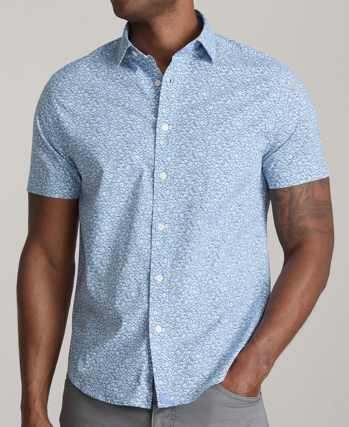 Men's Slim Fit Stretch Cotton Hunter Short Sleeve Button Up Shirt - Light blue