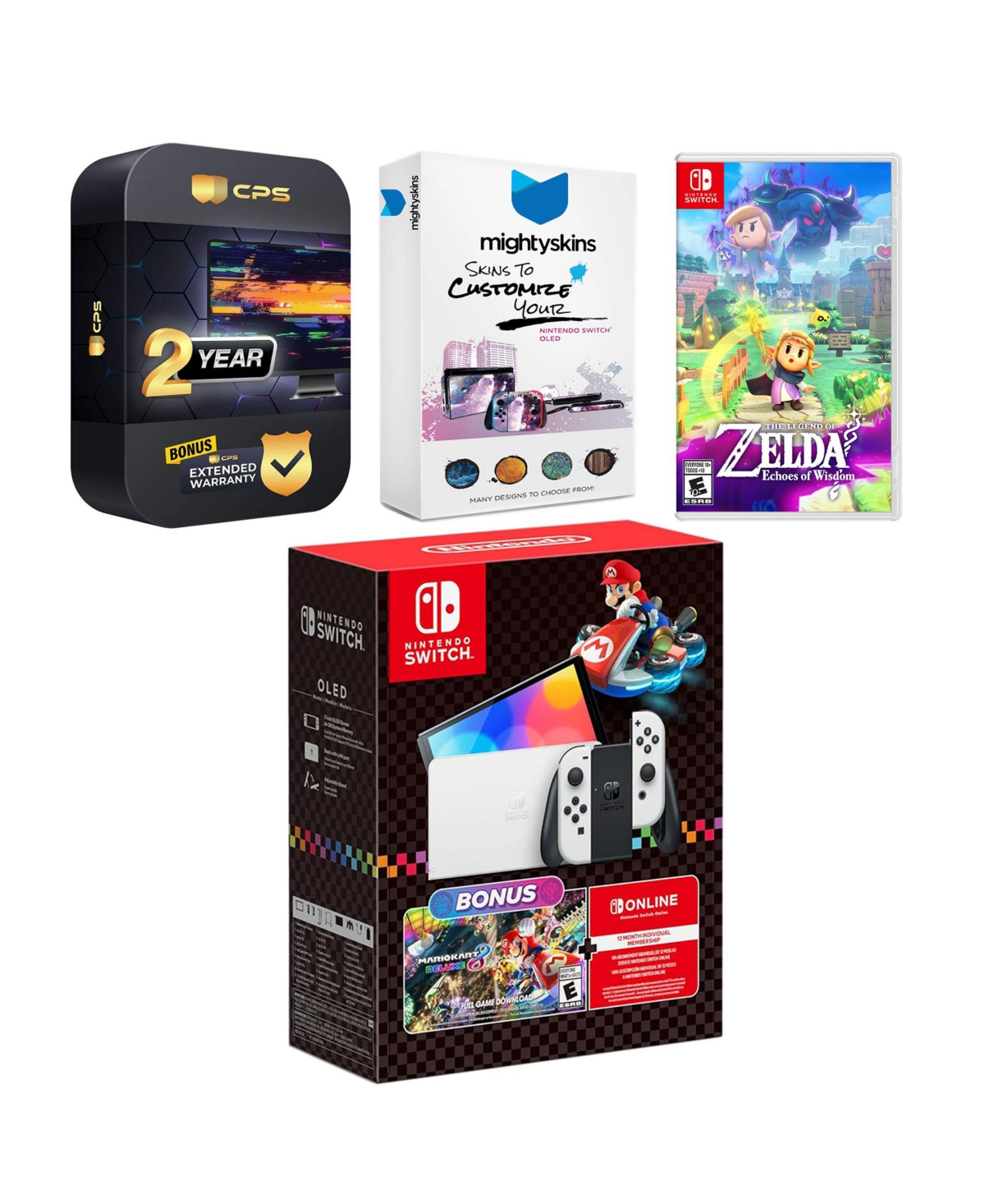 Nintendo Switch Oled Console Mario Kart 8 Deluxe Bundle with The Legend Of Zelda: Echoes Of Wisdom, MightySkins Console and Controller Skin Voucher, a