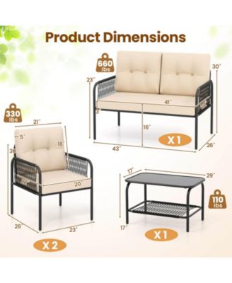 4 PCS Patio Furniture Set with Loveseat Tempered Glass Coffee Table & Soft Cushions