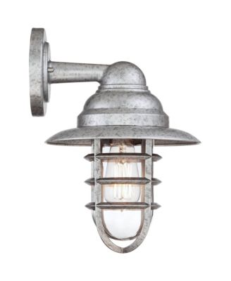 Marlowe 13 1/4" High Farmhouse Rustic Hooded Cage Outdoor Wall Light Fixture Mount Porch House Set of 2 Galvanized