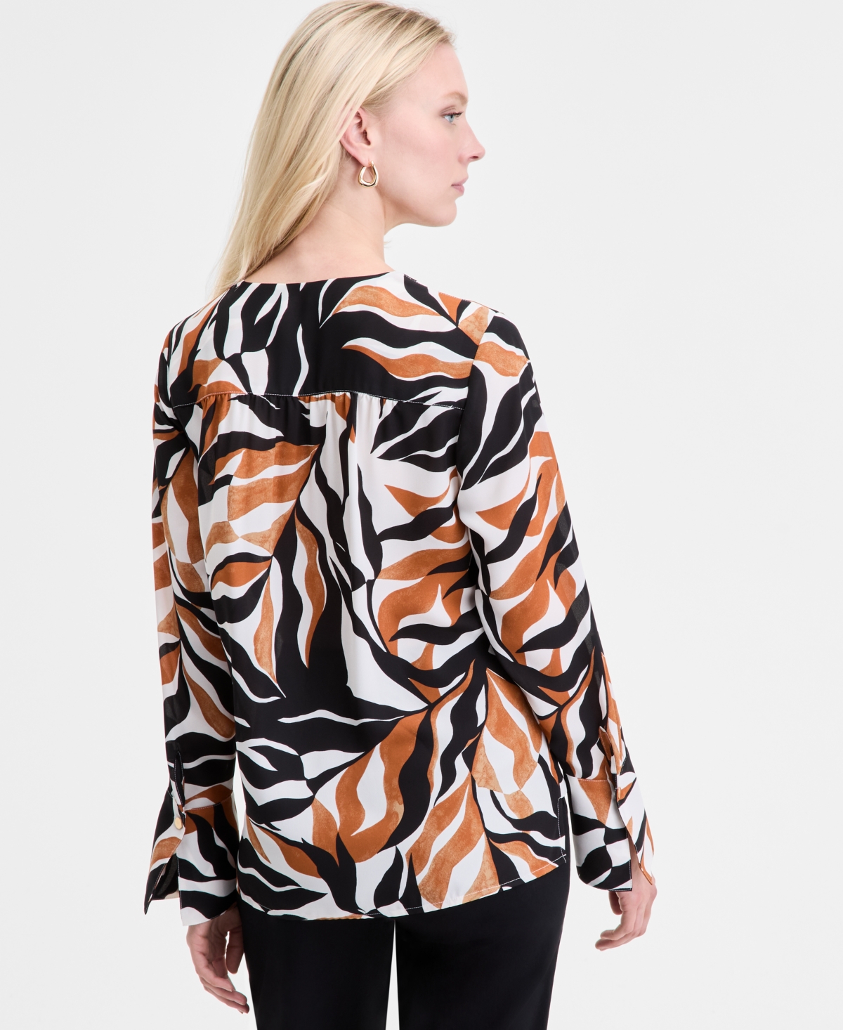 Inc International Concepts Women's Printed Cuffed Surplice Top, Exclusively At Macy's In Brown