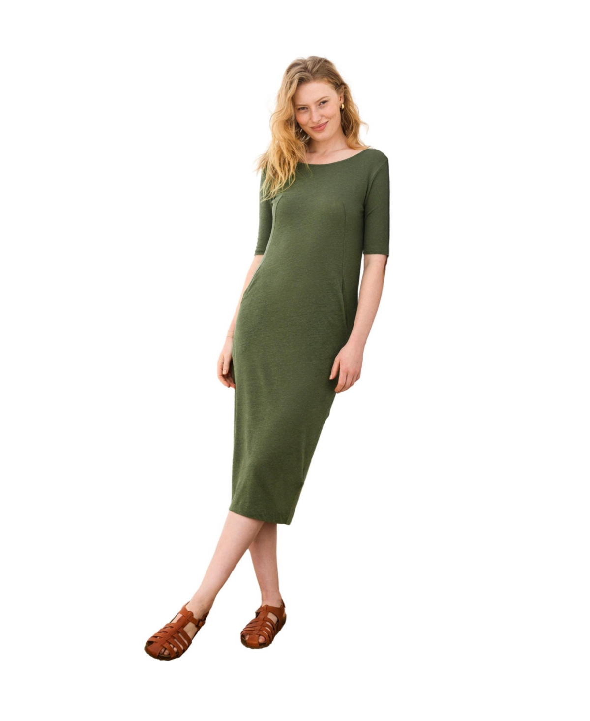Women's Linen Blend Button Back Midi Dress - Slate / fennel geo